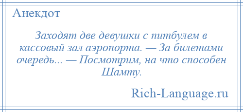 
    Заходят две девушки с питбулем в кассовый зал аэропорта. — За билетами очередь... — Посмотрим, на что способен Шамту.