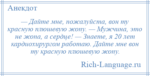 
    — Дайте мне, пожалуйста, вон ту красную плюшевую жопу. — Мужчина, это не жопа, а сердце! — Знаете, я 20 лет кардиохирургом работаю. Дайте мне вон ту красную плюшевую жопу.