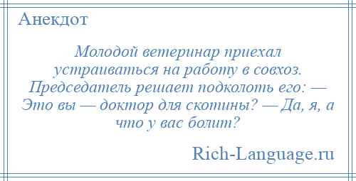
    Молодой ветеринар приехал устраиваться на работу в совхоз. Председатель решает подколоть его: — Это вы — доктор для скотины? — Да, я, а что у вас болит?