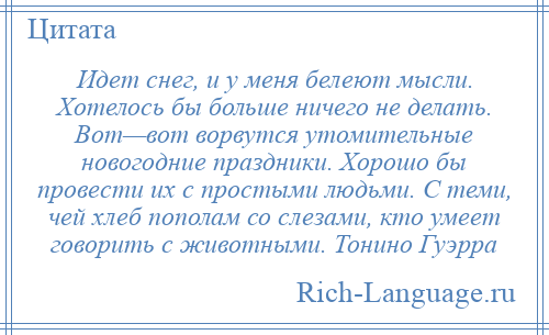 
    Идет снег, и у меня белеют мысли. Хотелось бы больше ничего не делать. Вот—вот ворвутся утомительные новогодние праздники. Хорошо бы провести их с простыми людьми. С теми, чей хлеб пополам со слезами, кто умеет говорить с животными. Тонино Гуэрра