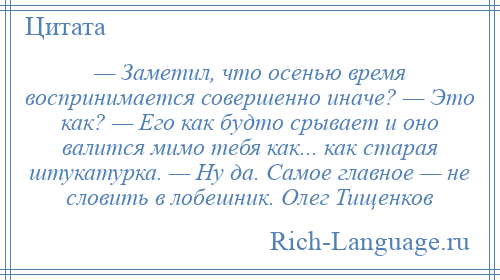 
    — Заметил, что осенью время воспринимается совершенно иначе? — Это как? — Его как будто срывает и оно валится мимо тебя как... как старая штукатурка. — Ну да. Самое главное — не словить в лобешник. Олег Тищенков