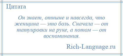 
    Он знает, отныне и навсегда, что женщина — это боль. Сначала — от татуировки на руке, а потом — от воспоминания.