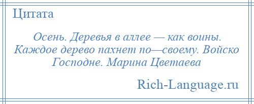 
    Осень. Деревья в аллее — как воины. Каждое дерево пахнет по—своему. Войско Господне. Марина Цветаева