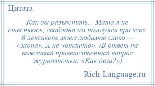 
    Как бы разъяснить... Мата я не стесняюсь, свободно им пользуясь при всех. В лексиконе моём любимое слово — «жопа». А не «отлично». (В ответ на вежливый приветственный вопрос журналистки: «Как дела?»)