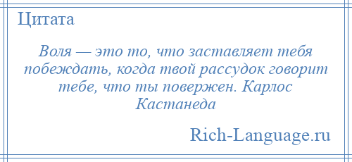 
    Воля — это то, что заставляет тебя побеждать, когда твой рассудок говорит тебе, что ты повержен. Карлос Кастанеда