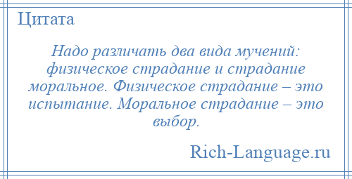 
    Надо различать два вида мучений: физическое страдание и страдание моральное. Физическое страдание – это испытание. Моральное страдание – это выбор.