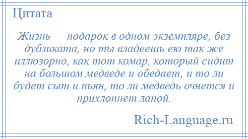 
    Жизнь — подарок в одном экземпляре, без дубликата, но ты владеешь ею так же иллюзорно, как тот комар, который сидит на большом медведе и обедает, и то ли будет сыт и пьян, то ли медведь очнется и прихлопнет лапой.