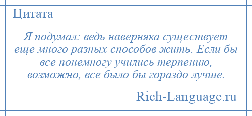 
    Я подумал: ведь наверняка существует еще много разных способов жить. Если бы все понемногу учились терпению, возможно, все было бы гораздо лучше.