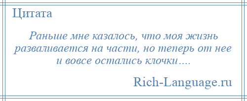 
    Раньше мне казалось, что моя жизнь разваливается на части, но теперь от нее и вовсе остались клочки….