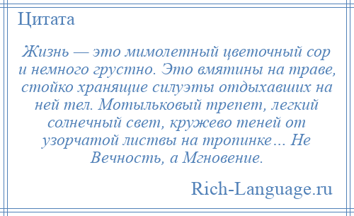 
    Жизнь — это мимолетный цветочный сор и немного грустно. Это вмятины на траве, стойко хранящие силуэты отдыхавших на ней тел. Мотыльковый трепет, легкий солнечный свет, кружево теней от узорчатой листвы на тропинке… Не Вечность, а Мгновение.