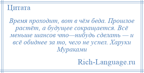 
    Время проходит, вот в чём беда. Прошлое растёт, а будущее сокращается. Всё меньше шансов что—нибудь сделать — и всё обиднее за то, чего не успел. Харуки Мураками