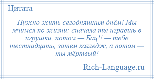 
    Нужно жить сегодняшним днём! Мы мчимся по жизни: сначала ты играешь в игрушки, потом — Бац!! — тебе шестнадцать, затем колледж, а потом — ты мёртвый!