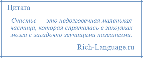 
    Счастье — это недолговечная маленькая частица, которая спряталась в закоулках мозга с загадочно звучащими названиями.