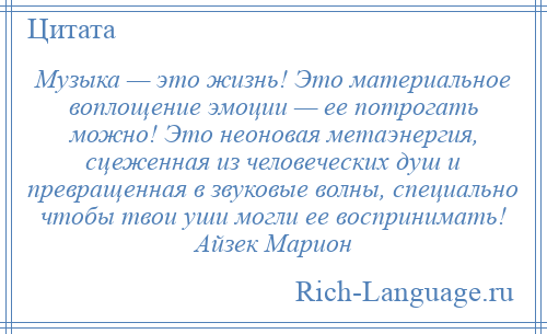 
    Музыка — это жизнь! Это материальное воплощение эмоции — ее потрогать можно! Это неоновая метаэнергия, сцеженная из человеческих душ и превращенная в звуковые волны, специально чтобы твои уши могли ее воспринимать! Айзек Марион