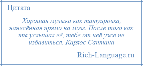 
    Хорошая музыка как татуировка, нанесённая прямо на мозг. После того как ты услышал её, тебе от неё уже не избавиться. Карлос Сантана