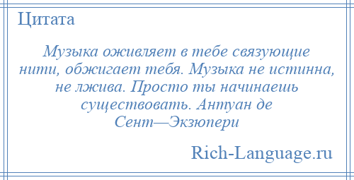 
    Музыка оживляет в тебе связующие нити, обжигает тебя. Музыка не истинна, не лжива. Просто ты начинаешь существовать. Антуан де Сент—Экзюпери