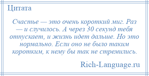 
    Счастье — это очень короткий миг. Раз — и случилось. А через 30 секунд тебя отпускает, и жизнь идет дальше. Но это нормально. Если оно не было таким коротким, к нему бы так не стремились.