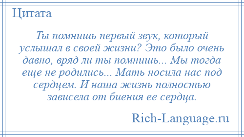 
    Ты помнишь первый звук, который услышал в своей жизни? Это было очень давно, вряд ли ты помнишь... Мы тогда еще не родились... Мать носила нас под сердцем. И наша жизнь полностью зависела от биения ее сердца.