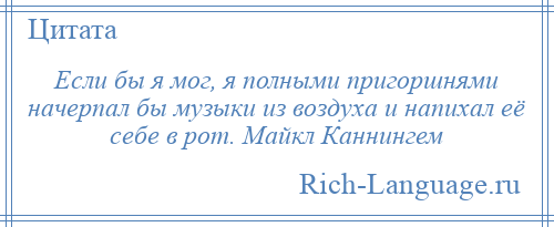 
    Если бы я мог, я полными пригоршнями начерпал бы музыки из воздуха и напихал её себе в рот. Майкл Каннингем