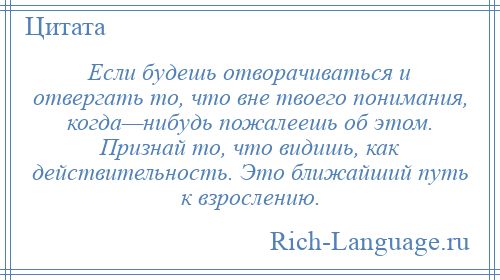 
    Если будешь отворачиваться и отвергать то, что вне твоего понимания, когда—нибудь пожалеешь об этом. Признай то, что видишь, как действительность. Это ближайший путь к взрослению.