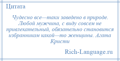 
    Чудесно все—таки заведено в природе. Любой мужчина, с виду совсем не привлекательный, обязательно становится избранником какой—то женщины. Агата Кристи