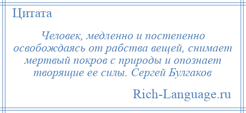 
    Человек, медленно и постепенно освобождаясь от рабства вещей, снимает мертвый покров с природы и опознает творящие ее силы. Сергей Булгаков