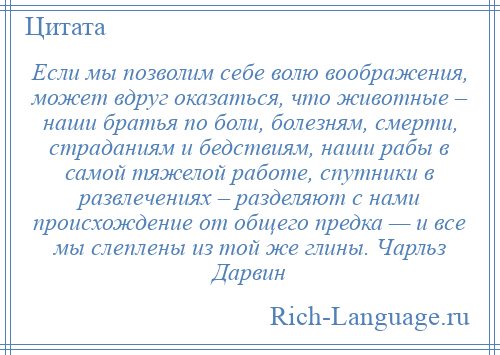
    Если мы позволим себе волю воображения, может вдруг оказаться, что животные – наши братья по боли, болезням, смерти, страданиям и бедствиям, наши рабы в самой тяжелой работе, спутники в развлечениях – разделяют с нами происхождение от общего предка — и все мы слеплены из той же глины. Чарльз Дарвин