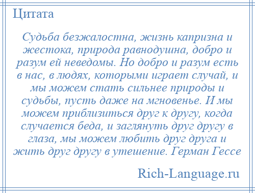 
    Судьба безжалостна, жизнь капризна и жестока, природа равнодушна, добро и разум ей неведомы. Но добро и разум есть в нас, в людях, которыми играет случай, и мы можем стать сильнее природы и судьбы, пусть даже на мгновенье. И мы можем приблизиться друг к другу, когда случается беда, и заглянуть друг другу в глаза, мы можем любить друг друга и жить друг другу в утешение. Герман Гессе