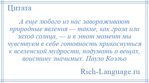 
    А еще любого из нас завораживают природные явления — такие, как гроза или заход солнца, — и в этот момент мы чувствуем в себе готовность прикоснуться к вселенской мудрости, подумать о вещах, воистину значимых. Пауло Коэльо