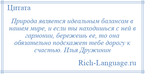 
    Природа является идеальным балансом в нашем мире, и если ты находишься с ней в гармонии, бережешь ее, то она обязательно подскажет тебе дорогу к счастью. Илья Дружинин