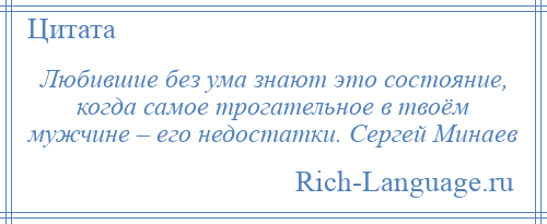 
    Любившие без ума знают это состояние, когда самое трогательное в твоём мужчине – его недостатки. Сергей Минаев