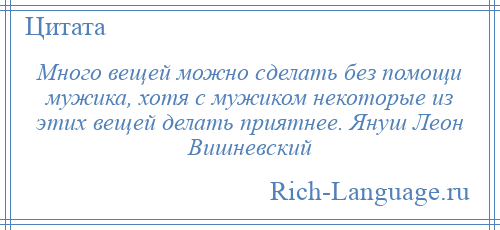 
    Много вещей можно сделать без помощи мужика, хотя с мужиком некоторые из этих вещей делать приятнее. Януш Леон Вишневский