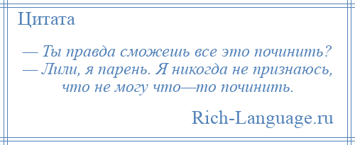 
    — Ты правда сможешь все это починить? — Лили, я парень. Я никогда не признаюсь, что не могу что—то починить.