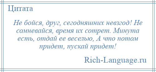 
    Не бойся, друг, сегодняшних невзгод! Не сомневайся, время их сотрет. Минута есть, отдай ее веселью, А что потом придет, пускай придет!