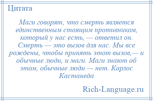 
    Маги говорят, что смерть является единственным стоящим противником, который у нас есть, — ответил он. Смерть — это вызов для нас. Мы все рождены, чтобы принять этот вызов,— и обычные люди, и маги. Маги знают об этом, обычные люди — нет. Карлос Кастанеда