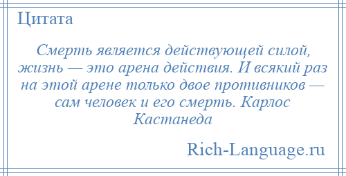 
    Смерть является действующей силой, жизнь — это арена действия. И всякий раз на этой арене только двое противников — сам человек и его смерть. Карлос Кастанеда