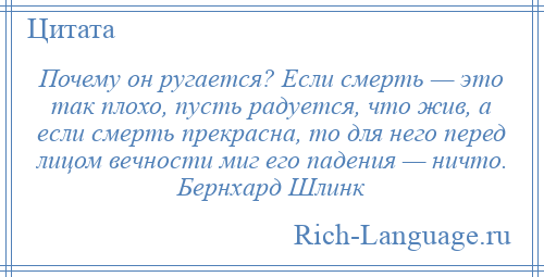 
    Почему он ругается? Если смерть — это так плохо, пусть радуется, что жив, а если смерть прекрасна, то для него перед лицом вечности миг его падения — ничто. Бернхард Шлинк