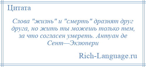 
    Слова жизнь и смерть дразнят друг друга, но жить ты можешь только тем, за что согласен умереть. Антуан де Сент—Экзюпери
