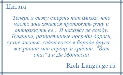 
    Теперь я вижу смерть так близко, что часто мне хочется протянуть руку и оттолкнуть ее... Я нахожу ее всюду. Букашки, раздавленные посреди дороги, сухие листья, седой волос в бороде друга — все ранит мне сердце и кричит: Вот она! Ги Де Мопассан