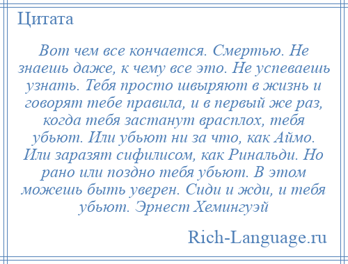 
    Вот чем все кончается. Смертью. Не знаешь даже, к чему все это. Не успеваешь узнать. Тебя просто швыряют в жизнь и говорят тебе правила, и в первый же раз, когда тебя застанут врасплох, тебя убьют. Или убьют ни за что, как Аймо. Или заразят сифилисом, как Ринальди. Но рано или поздно тебя убьют. В этом можешь быть уверен. Сиди и жди, и тебя убьют. Эрнест Хемингуэй