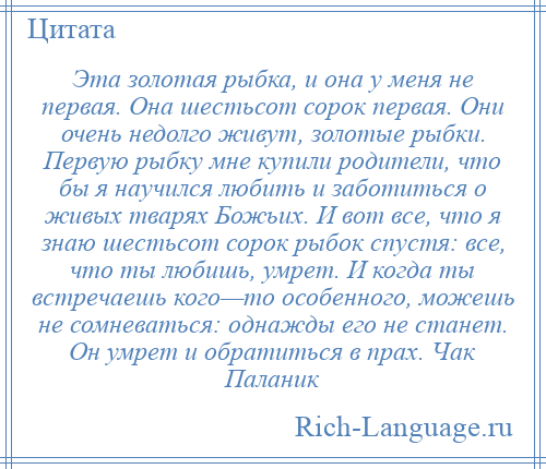 
    Эта золотая рыбка, и она у меня не первая. Она шестьсот сорок первая. Они очень недолго живут, золотые рыбки. Первую рыбку мне купили родители, что бы я научился любить и заботиться о живых тварях Божьих. И вот все, что я знаю шестьсот сорок рыбок спустя: все, что ты любишь, умрет. И когда ты встречаешь кого—то особенного, можешь не сомневаться: однажды его не станет. Он умрет и обратиться в прах. Чак Паланик