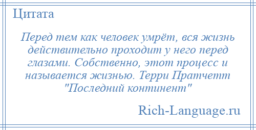 
    Перед тем как человек умрёт, вся жизнь действительно проходит у него перед глазами. Собственно, этот процесс и называется жизнью. Терри Пратчетт Последний континент 