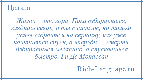 
    Жизнь – это гора. Пока взбираешься, глядишь вверх, и ты счастлив, но только успел забраться на вершину, как уже начинается спуск, а впереди — смерть. Взбираешься медленно, а спускаешься быстро. Ги Де Мопассан