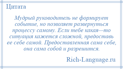 
    Мудрый руководитель не формирует событие, но позволяет развернуться процессу самому. Если тебе какая—то ситуация кажется сложной, предоставь ее себе самой. Предоставленная сама себе, она сама собой и разрешится.