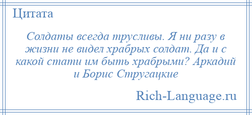 
    Солдаты всегда трусливы. Я ни разу в жизни не видел храбрых солдат. Да и с какой стати им быть храбрыми? Аркадий и Борис Стругацкие