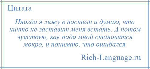 
    Иногда я лежу в постели и думаю, что ничто не заставит меня встать. А потом чувствую, как подо мной становится мокро, и понимаю, что ошибался.