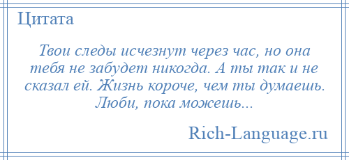 
    Твои следы исчезнут через час, но она тебя не забудет никогда. А ты так и не сказал ей. Жизнь короче, чем ты думаешь. Люби, пока можешь...