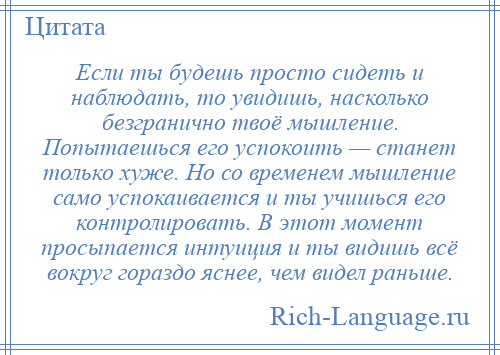 
    Если ты будешь просто сидеть и наблюдать, то увидишь, насколько безгранично твоё мышление. Попытаешься его успокоить — станет только хуже. Но со временем мышление само успокаивается и ты учишься его контролировать. В этот момент просыпается интуиция и ты видишь всё вокруг гораздо яснее, чем видел раньше.