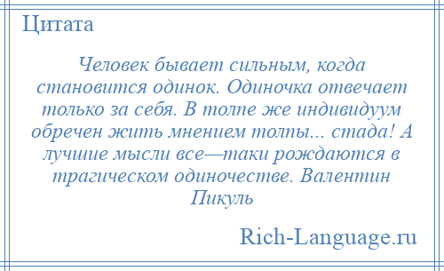 
    Человек бывает сильным, когда становится одинок. Одиночка отвечает только за себя. В толпе же индивидуум обречен жить мнением толпы... стада! А лучшие мысли все—таки рождаются в трагическом одиночестве. Валентин Пикуль