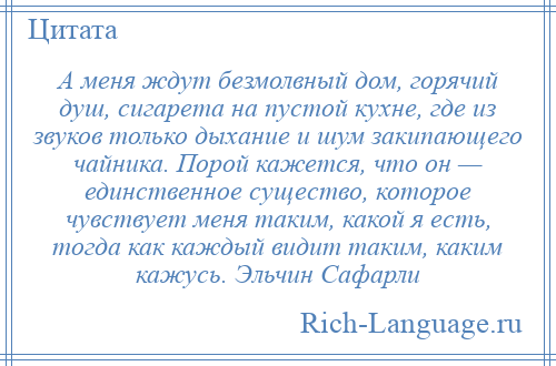 
    А меня ждут безмолвный дом, горячий душ, сигарета на пустой кухне, где из звуков только дыхание и шум закипающего чайника. Порой кажется, что он — единственное существо, которое чувствует меня таким, какой я есть, тогда как каждый видит таким, каким кажусь. Эльчин Сафарли